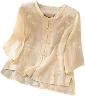 Linen Shirts for Women Crewneck Embroidery Blouse Boho Trendy Tops Short Sleeve Loose Fit Tunic Tops