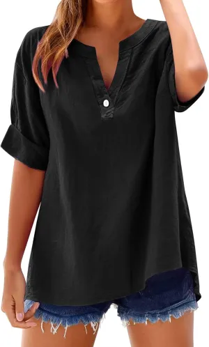 Linen Shirts for Women Rolled Short Sleeve Buttons V Neck Boho Tops Solid Summer Beach Blouses Casual Loose Fit Tee