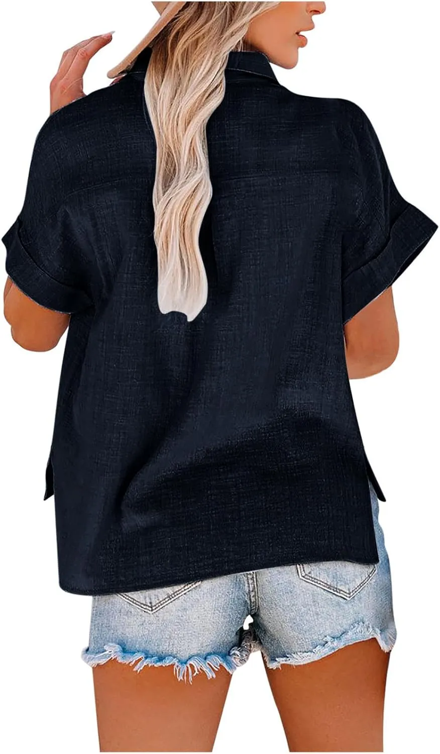 Linen Shirts for Women Short Sleeve Button Down Collared Tops Loose Fit Tunic Comfy Casual Summer Blouses Tshirt