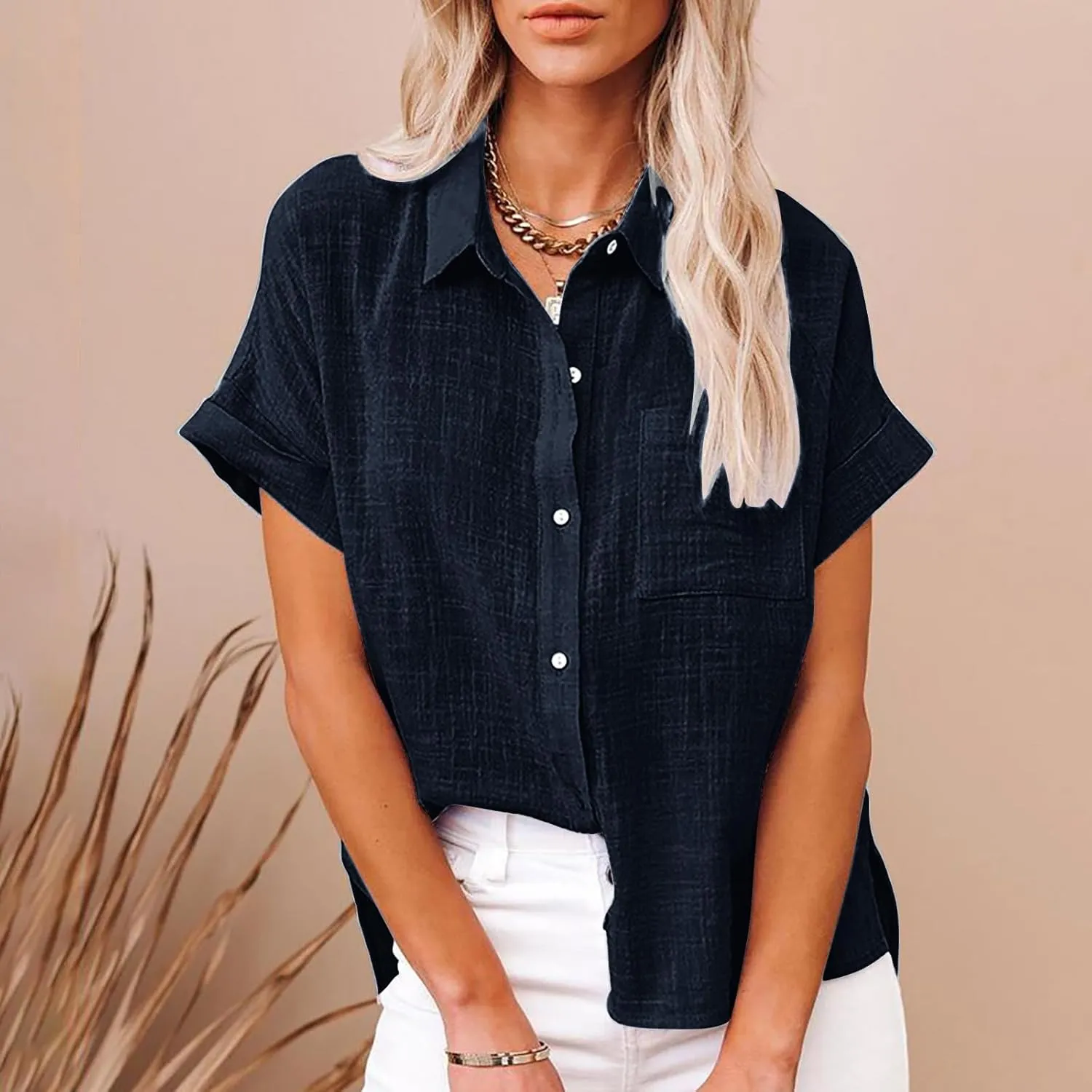 Linen Shirts for Women Short Sleeve Button Down Collared Tops Loose Fit Tunic Comfy Casual Summer Blouses Tshirt