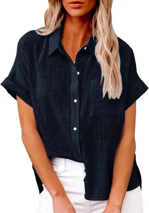 Linen Shirts for Women Short Sleeve Button Down Collared Tops Loose Fit Tunic Comfy Casual Summer Blouses Tshirt