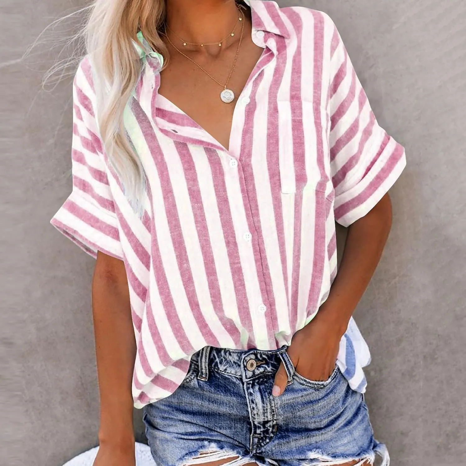 Linen Shirts for Women Striped Button Down Shirts Lightweight Guaze Blouses Short Sleeve Boho Summer Tshirt