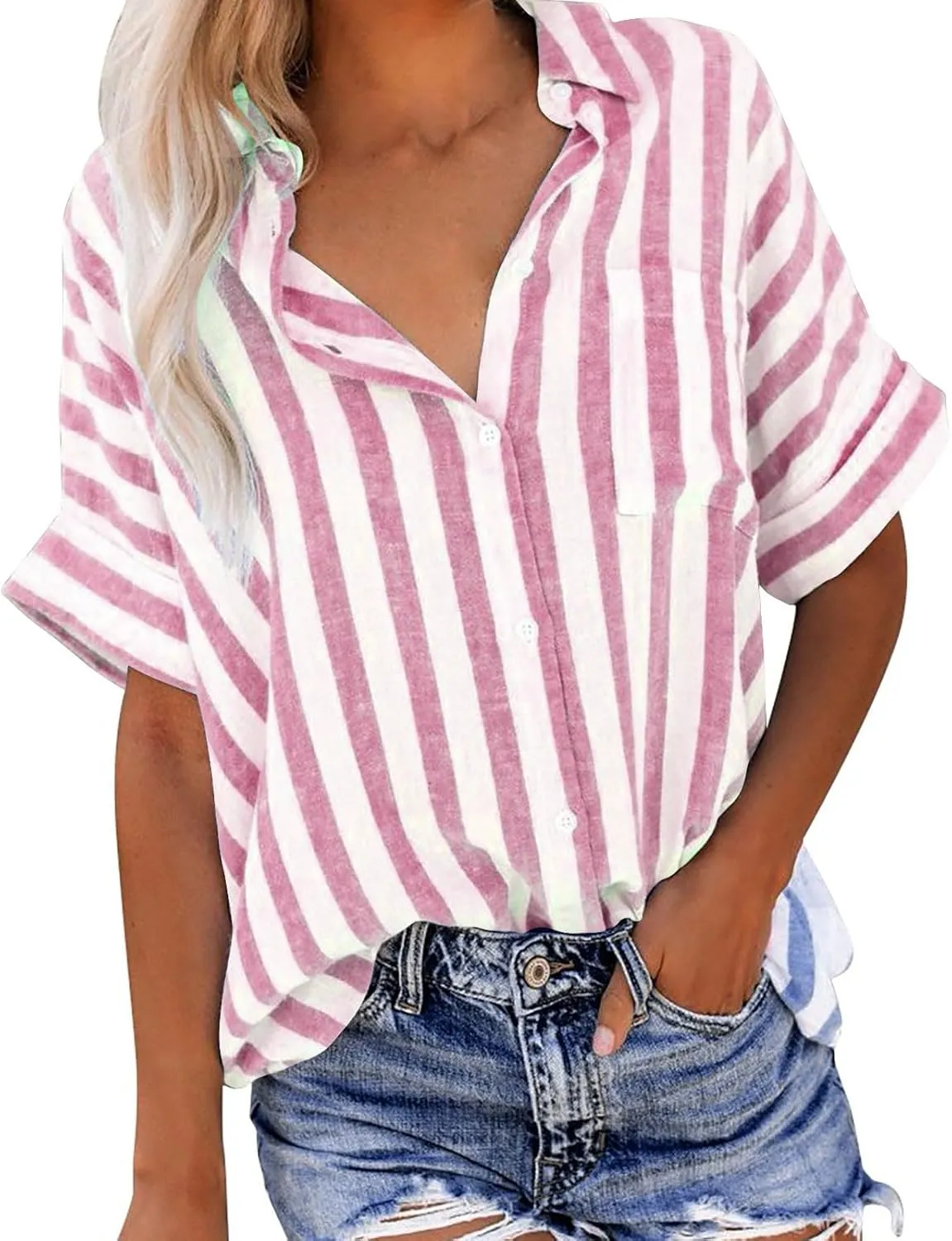 Linen Shirts for Women Striped Button Down Shirts Lightweight Guaze Blouses Short Sleeve Boho Summer Tshirt