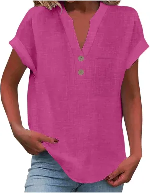 Linen Shirts for Women Trendy Casual Button Down Short Sleeve Cotton Shirts Loose Summer V Neck Business Work Collared Tops
