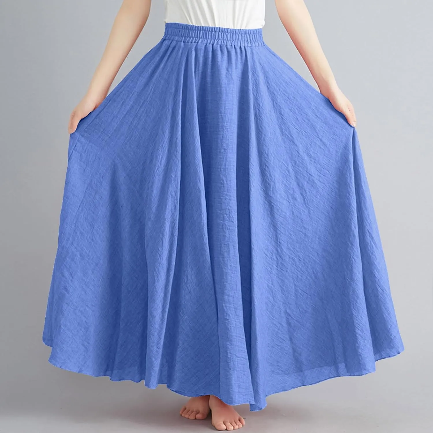 Linen Skirts Women Elastic Waist Boho Skirt Summer Beach Skirts Flowy Vacation Skirts Casual Maxi Skirts A Line Skirt