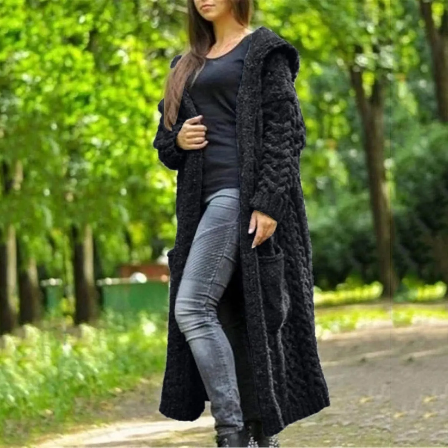 Long Cardigans for Women Hooded Chunky Oversized Sweater Robe Winter Warm Trendy Cable Knit Duster Cardigans Coat