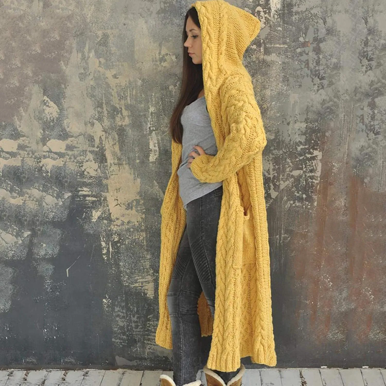 Long Cardigans for Women Hooded Chunky Oversized Sweater Robe Winter Warm Trendy Cable Knit Duster Cardigans Coat