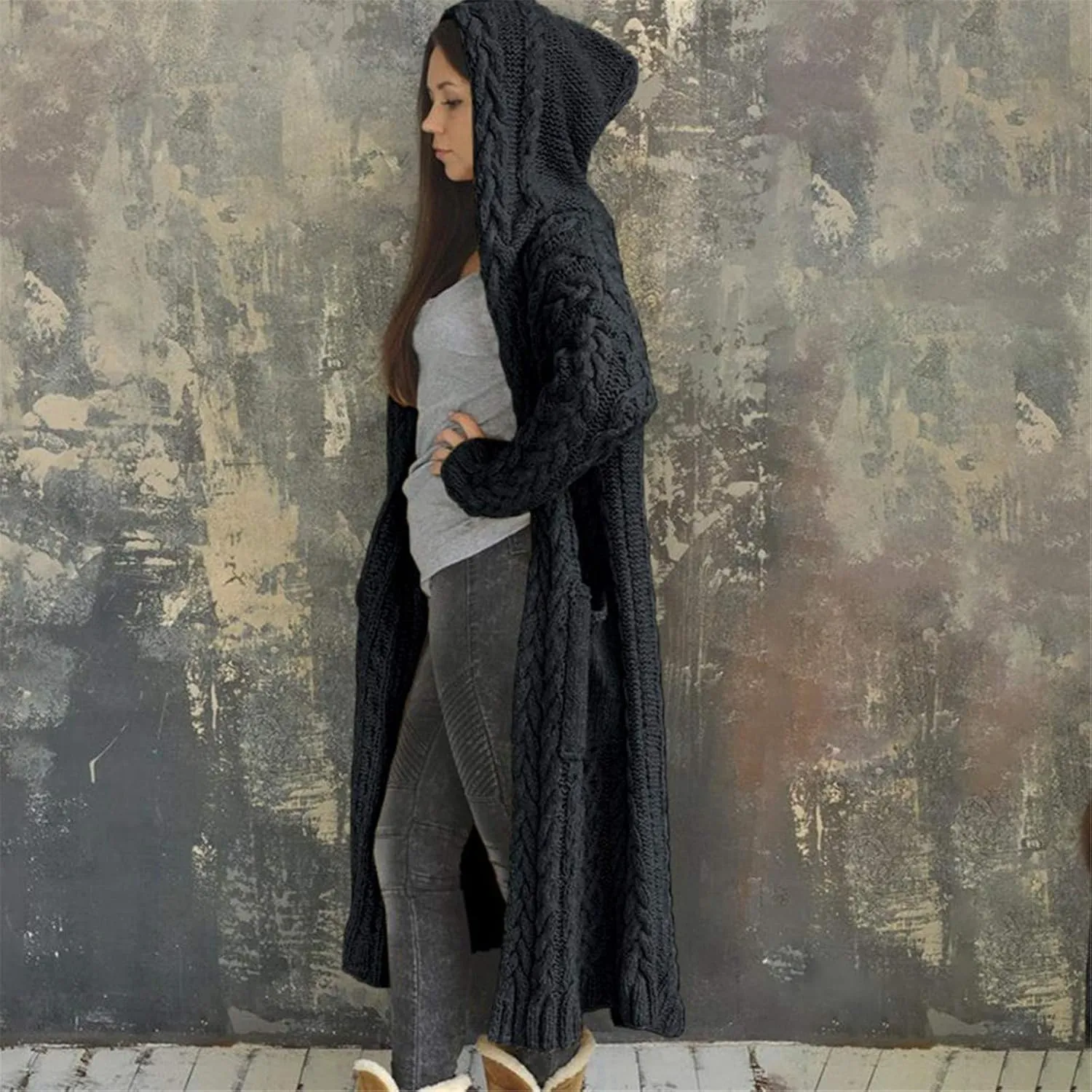 Long Cardigans for Women Hooded Chunky Oversized Sweater Robe Winter Warm Trendy Cable Knit Duster Cardigans Coat
