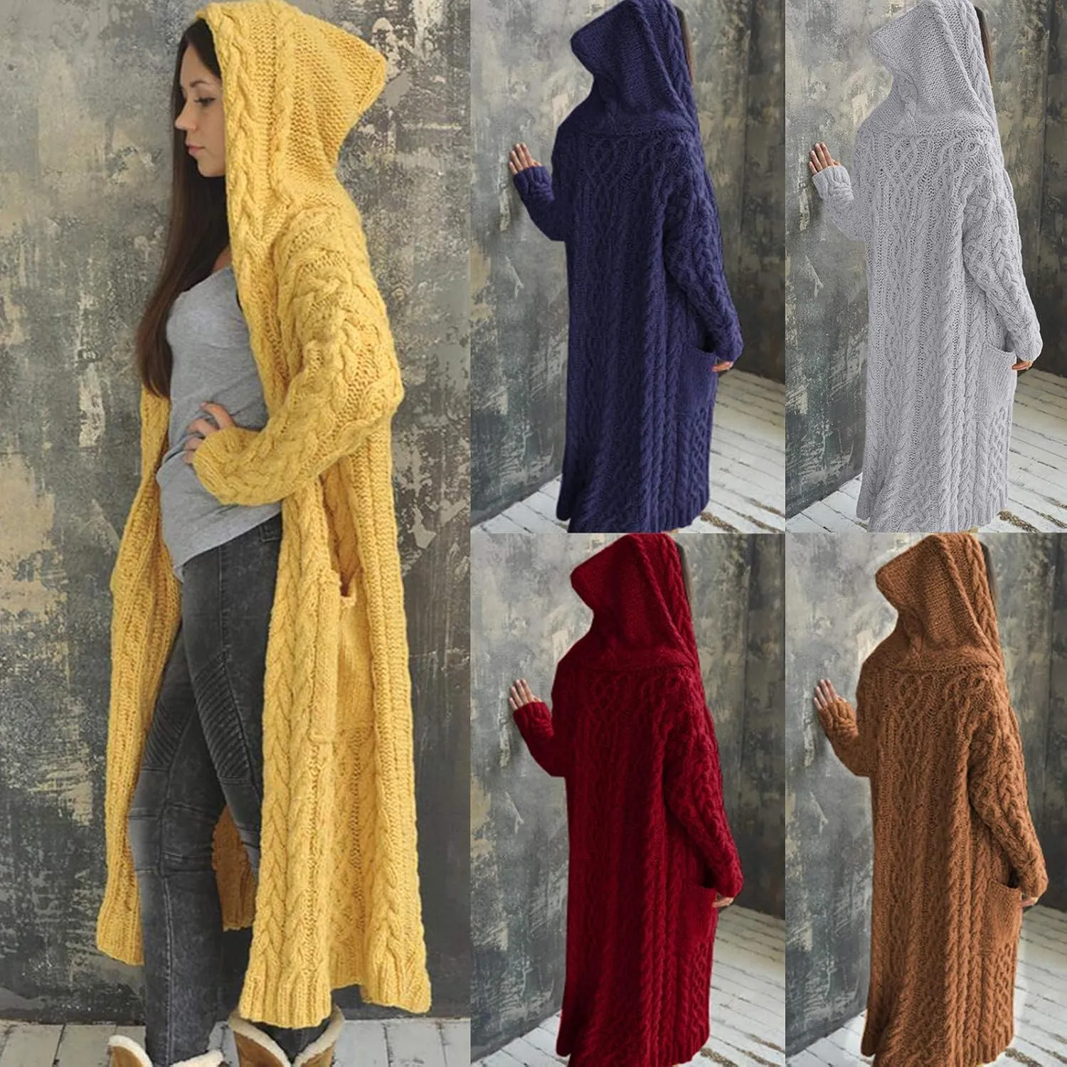 Long Cardigans for Women Hooded Chunky Oversized Sweater Robe Winter Warm Trendy Cable Knit Duster Cardigans Coat
