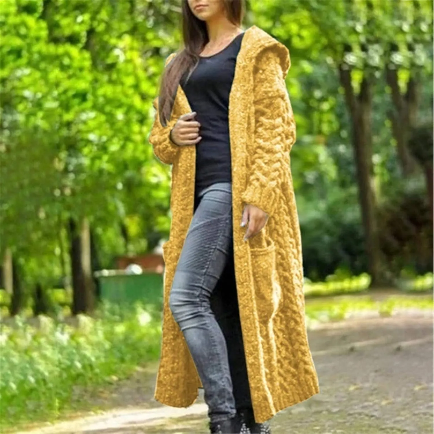 Long Cardigans for Women Hooded Chunky Oversized Sweater Robe Winter Warm Trendy Cable Knit Duster Cardigans Coat
