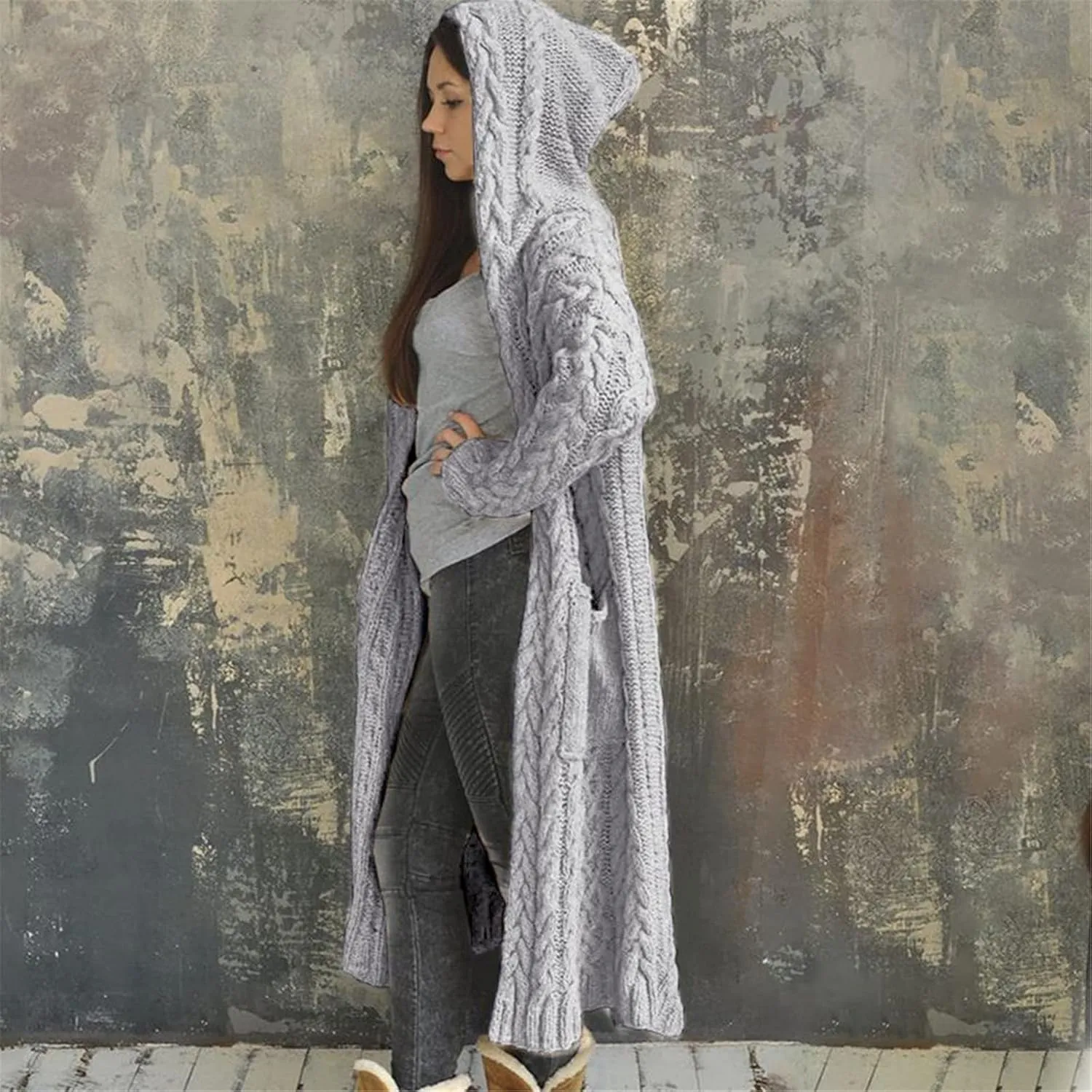 Long Cardigans for Women Hooded Chunky Oversized Sweater Robe Winter Warm Trendy Cable Knit Duster Cardigans Coat