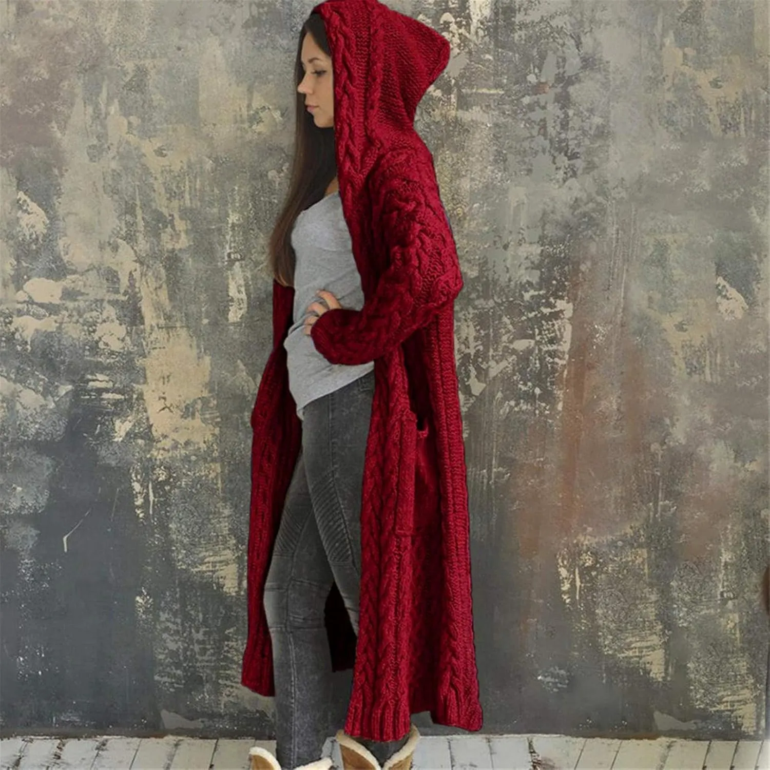 Long Cardigans for Women Hooded Chunky Oversized Sweater Robe Winter Warm Trendy Cable Knit Duster Cardigans Coat