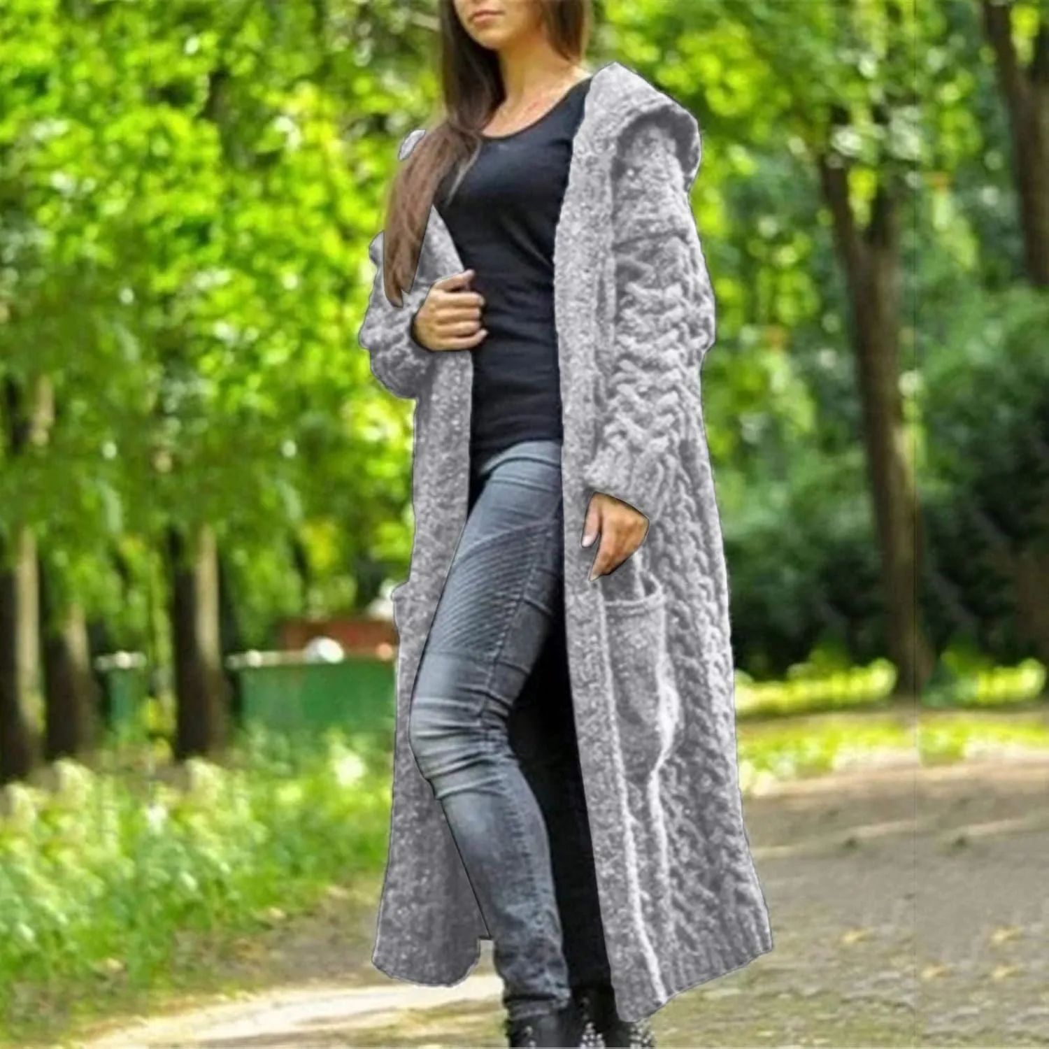 Long Cardigans for Women Hooded Chunky Oversized Sweater Robe Winter Warm Trendy Cable Knit Duster Cardigans Coat