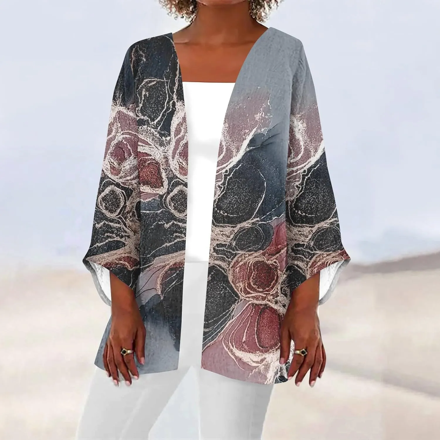 Long Cardigans for Women Trendy 3/4 Sleeve Casual Loose Open Front Cardigan Floral Printed Comfy Dressy Cardigans