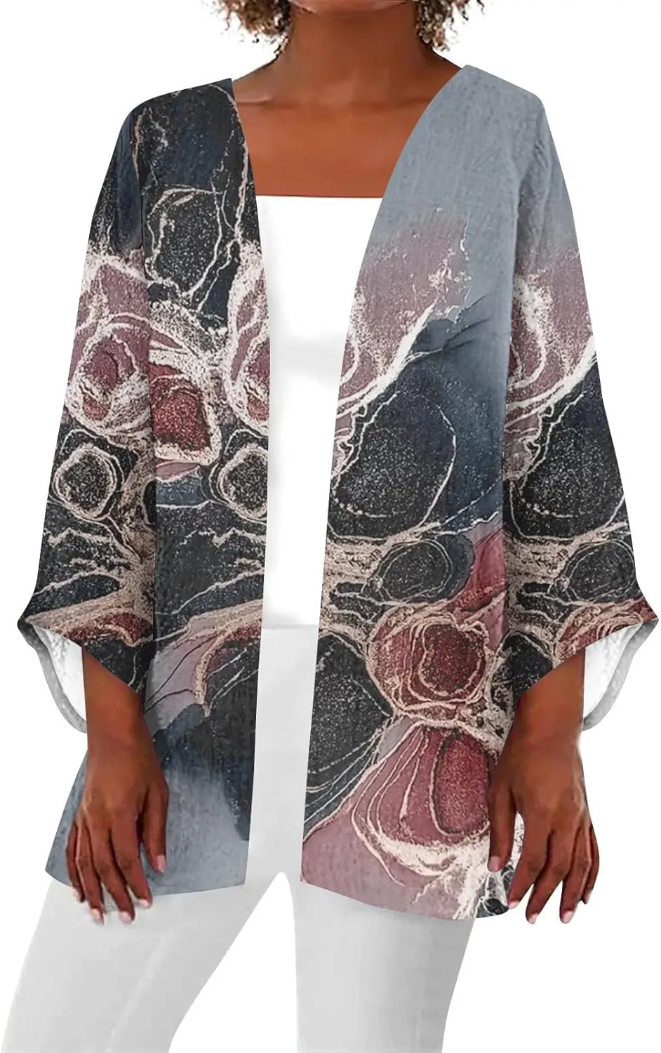Long Cardigans for Women Trendy 3/4 Sleeve Casual Loose Open Front Cardigan Floral Printed Comfy Dressy Cardigans