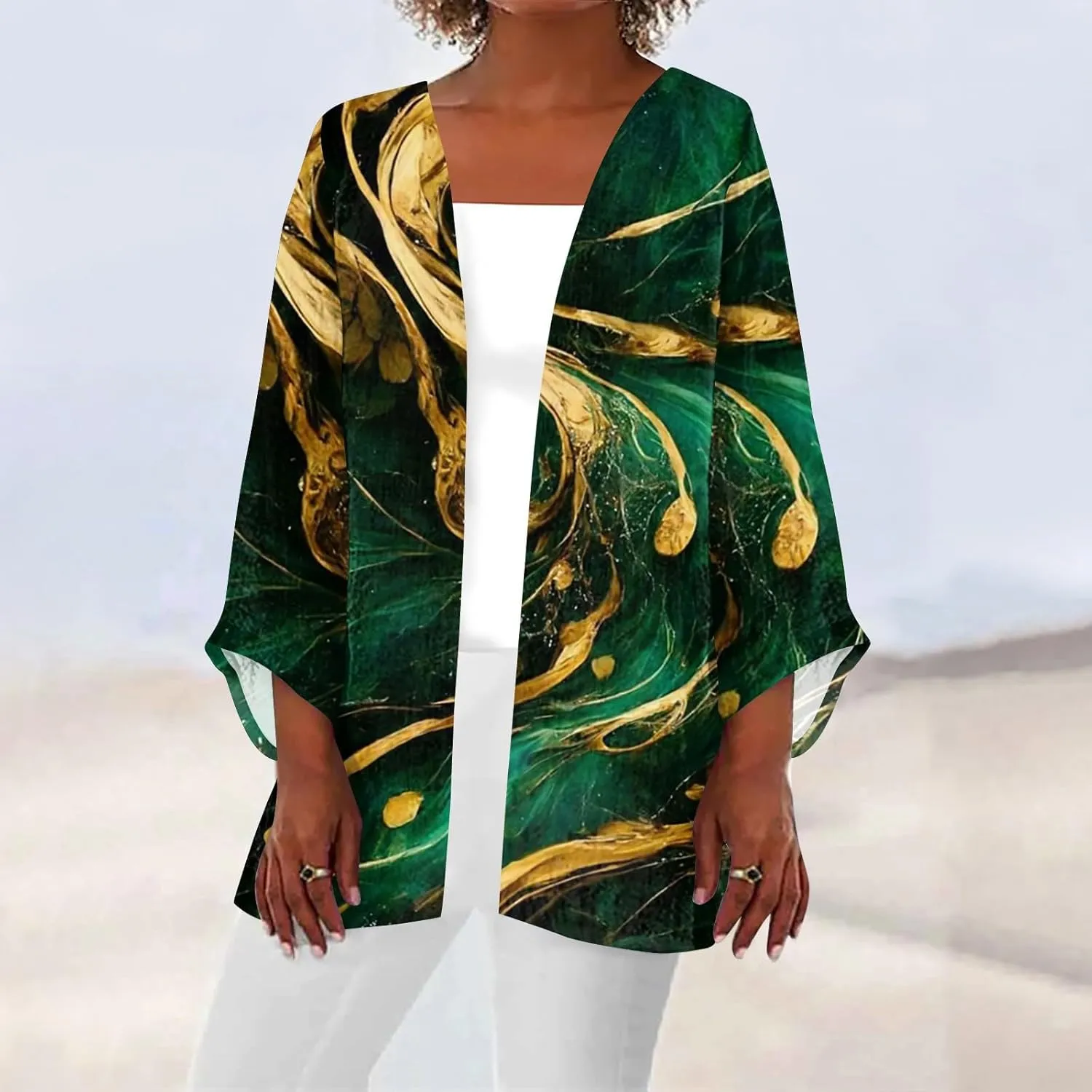 Long Cardigans for Women Trendy 3/4 Sleeve Casual Loose Open Front Cardigan Floral Printed Comfy Dressy Cardigans