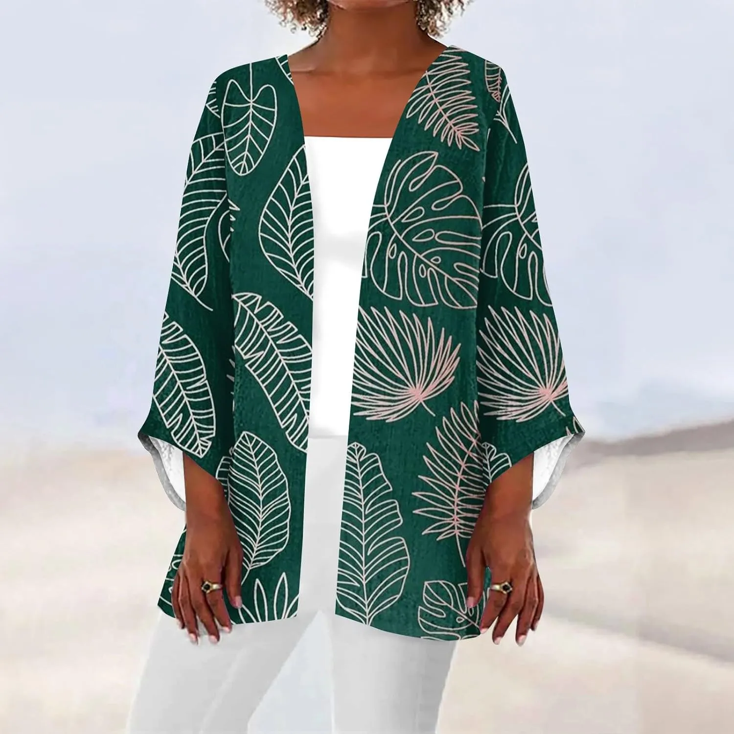 Long Cardigans for Women Trendy 3/4 Sleeve Casual Loose Open Front Cardigan Floral Printed Comfy Dressy Cardigans