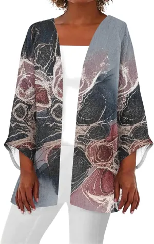Long Cardigans for Women Trendy 3/4 Sleeve Casual Loose Open Front Cardigan Floral Printed Comfy Dressy Cardigans