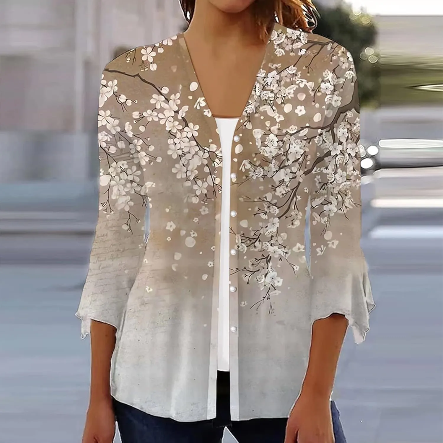 Long Cardigans for Women Trendy Floral Printed Button Down Open Front Cardigan 3/4 Sleeve Lightweight Cardigans