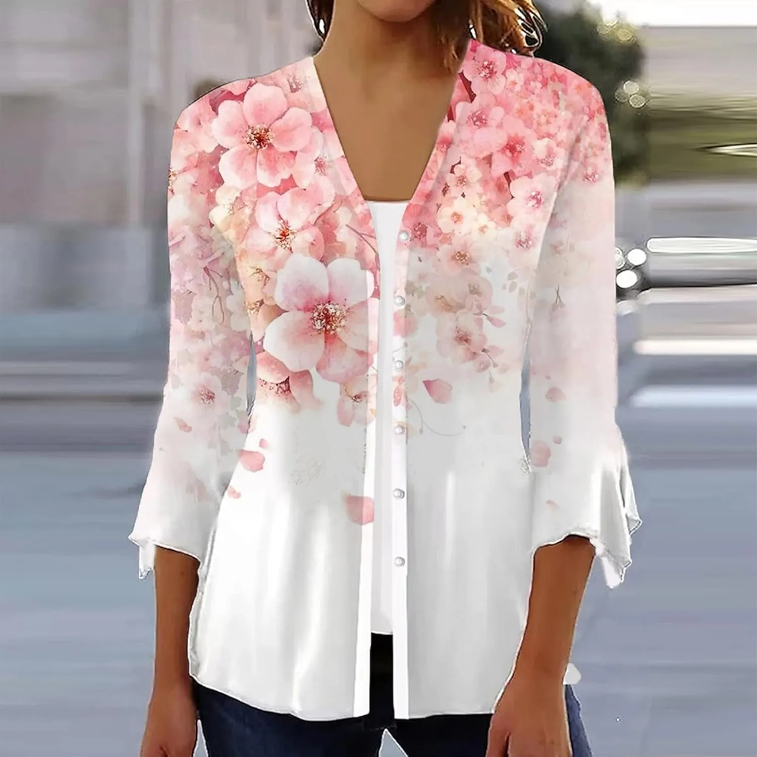 Long Cardigans for Women Trendy Floral Printed Button Down Open Front Cardigan 3/4 Sleeve Lightweight Cardigans