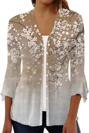 Long Cardigans for Women Trendy Floral Printed Button Down Open Front Cardigan 3/4 Sleeve Lightweight Cardigans