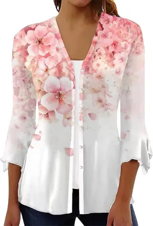 Long Cardigans for Women Trendy Floral Printed Button Down Open Front Cardigan 3/4 Sleeve Lightweight Cardigans