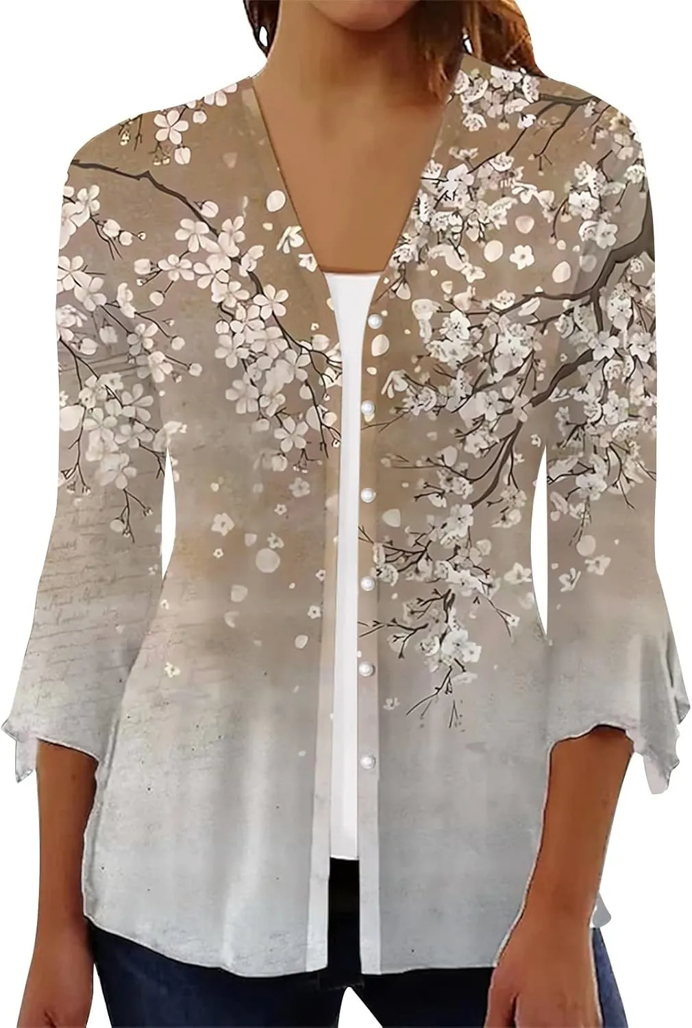 Long Cardigans for Women Trendy Floral Printed Button Down Open Front Cardigan 3/4 Sleeve Lightweight Cardigans