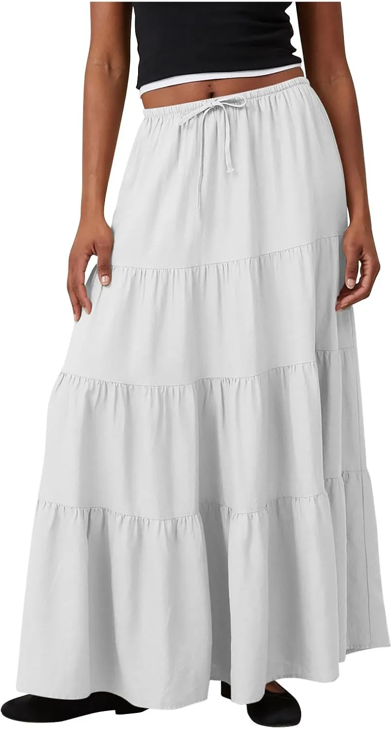 Long Flowy Skirts for Women Boho Summer Tiered Skirts Drawstring Waist Casual Maxi Skirts A Line Beach Skirts