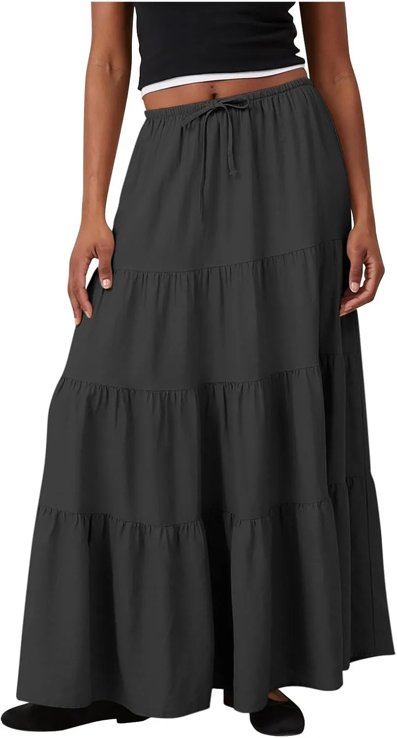 Long Flowy Skirts for Women Boho Summer Tiered Skirts Drawstring Waist Casual Maxi Skirts A Line Beach Skirts