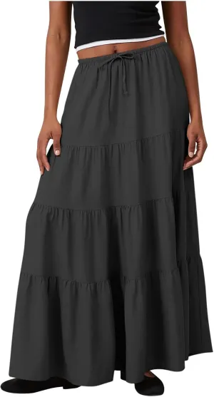 Long Flowy Skirts for Women Boho Summer Tiered Skirts Drawstring Waist Casual Maxi Skirts A Line Beach Skirts