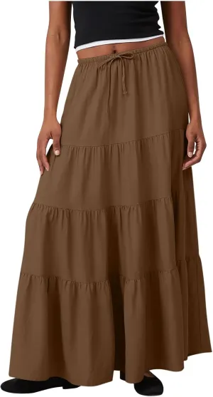 Long Flowy Skirts for Women Boho Summer Tiered Skirts Drawstring Waist Casual Maxi Skirts A Line Beach Skirts