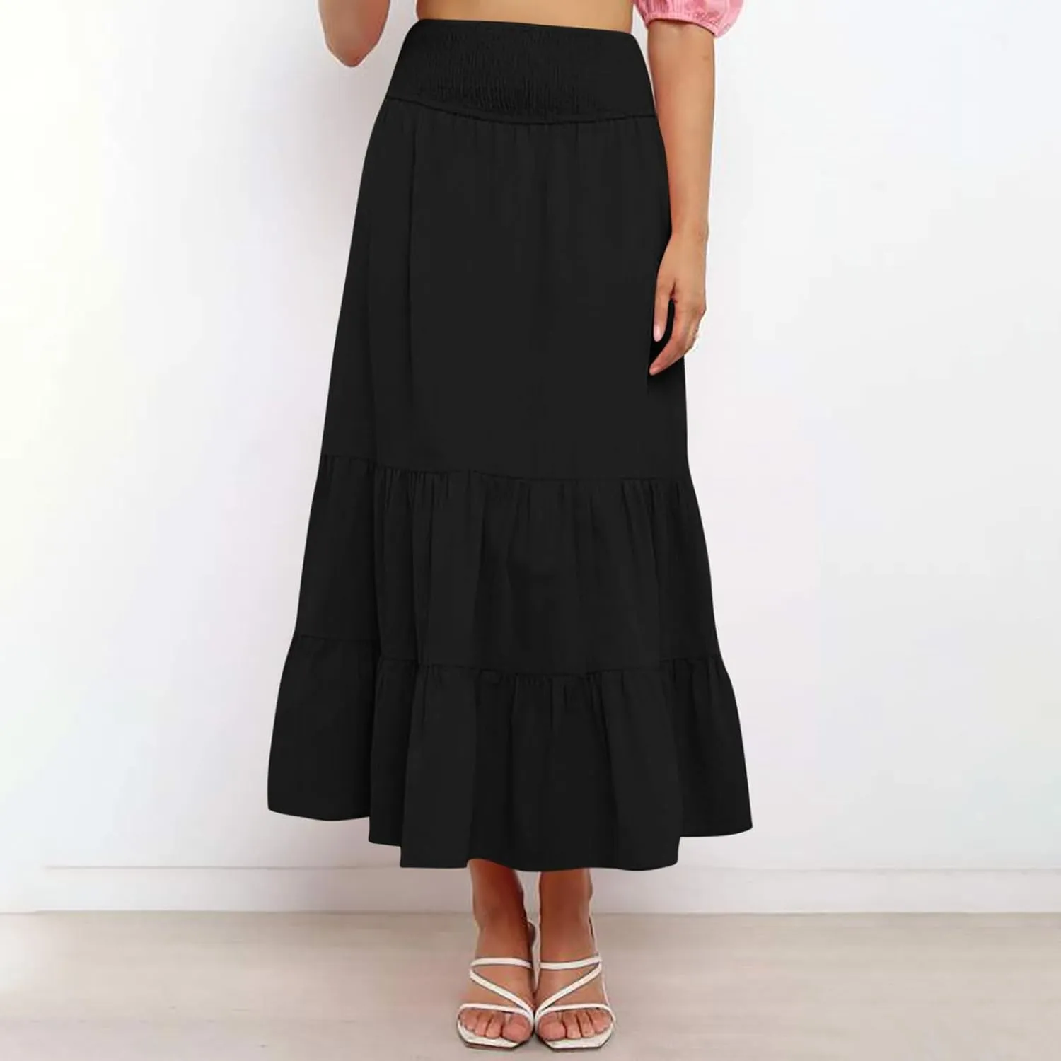 Long Flowy Skirts for Women Summer Ruffle Skirts High Waist Boho Skirts Pleated A Line Skirts Casual Vacation Skirts