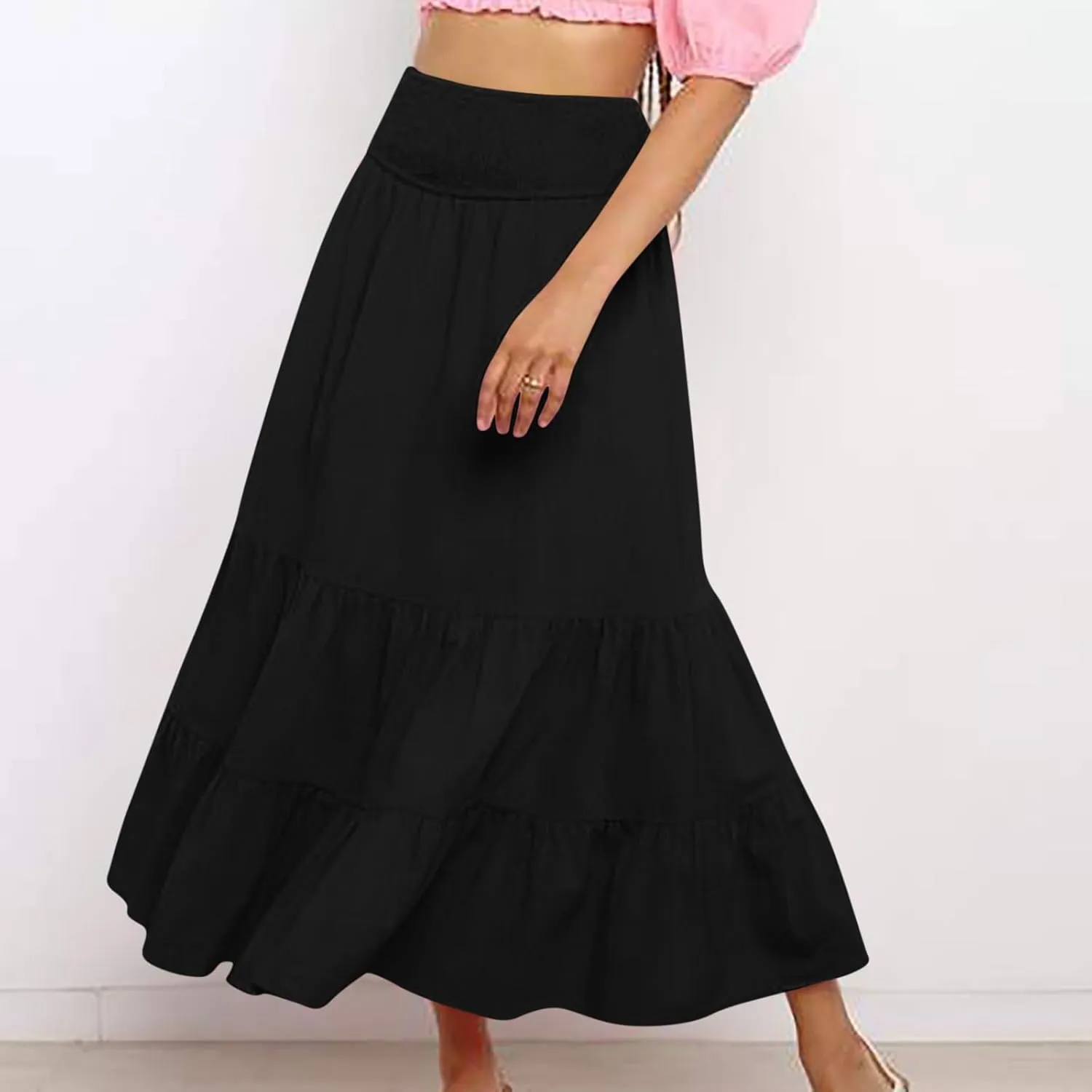 Long Flowy Skirts for Women Summer Ruffle Skirts High Waist Boho Skirts Pleated A Line Skirts Casual Vacation Skirts