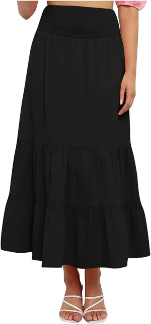 Long Flowy Skirts for Women Summer Ruffle Skirts High Waist Boho Skirts Pleated A Line Skirts Casual Vacation Skirts