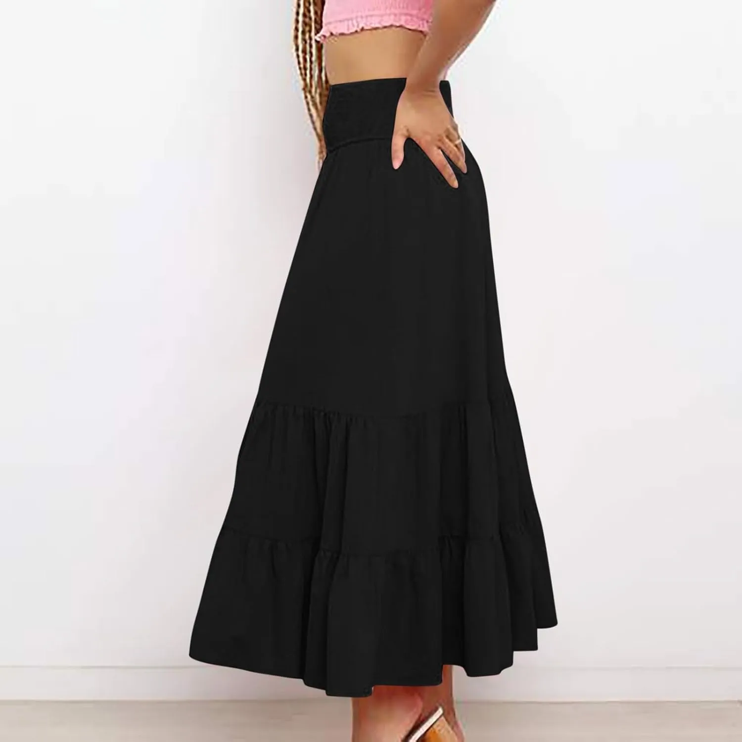 Long Flowy Skirts for Women Summer Ruffle Skirts High Waist Boho Skirts Pleated A Line Skirts Casual Vacation Skirts