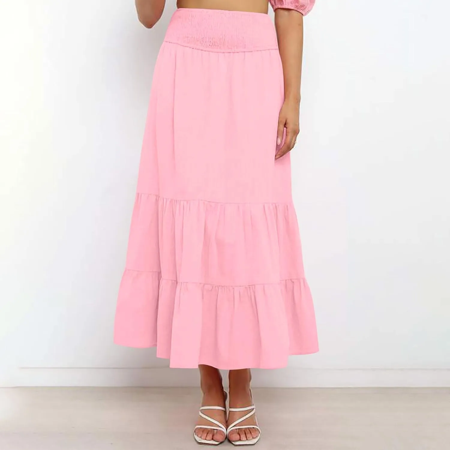 Long Flowy Skirts for Women Summer Ruffle Skirts High Waist Boho Skirts Pleated A Line Skirts Casual Vacation Skirts