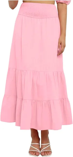 Long Flowy Skirts for Women Summer Ruffle Skirts High Waist Boho Skirts Pleated A Line Skirts Casual Vacation Skirts