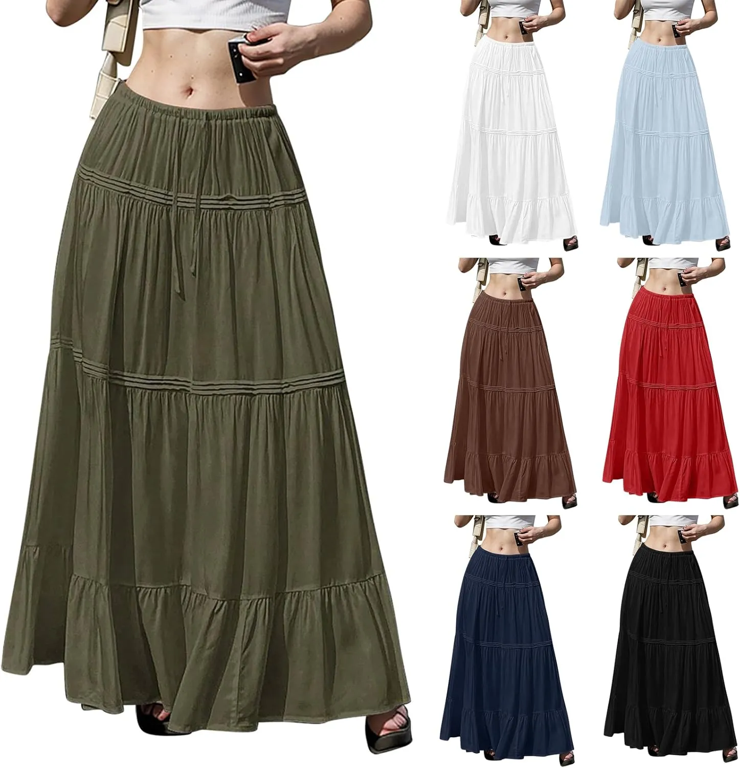 Long Skirts for Women Trendy Drawstring Waisted Flowy Tiered Linen Skirt Summer Pleated Ruffle A-Line Maxi Skirts