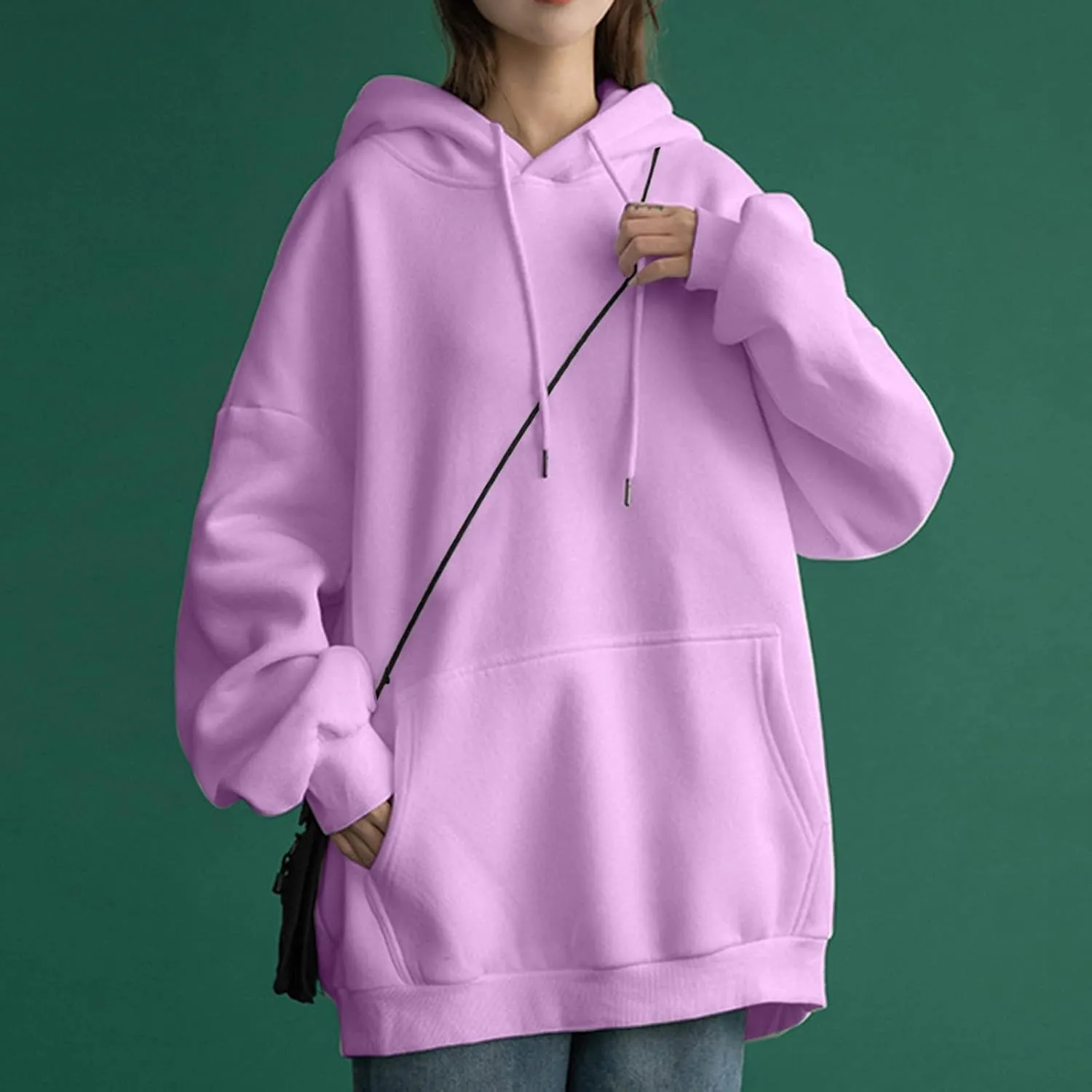 Long Sleeve Simple Hoodies for Women Slouchy Fit Casual Hooded Sweatshirt Fall Comfy Drawstring Tops with Pockets