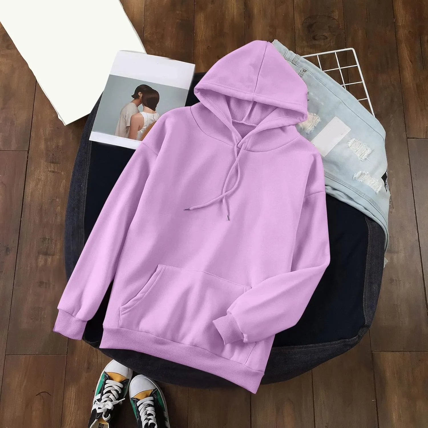 Long Sleeve Simple Hoodies for Women Slouchy Fit Casual Hooded Sweatshirt Fall Comfy Drawstring Tops with Pockets