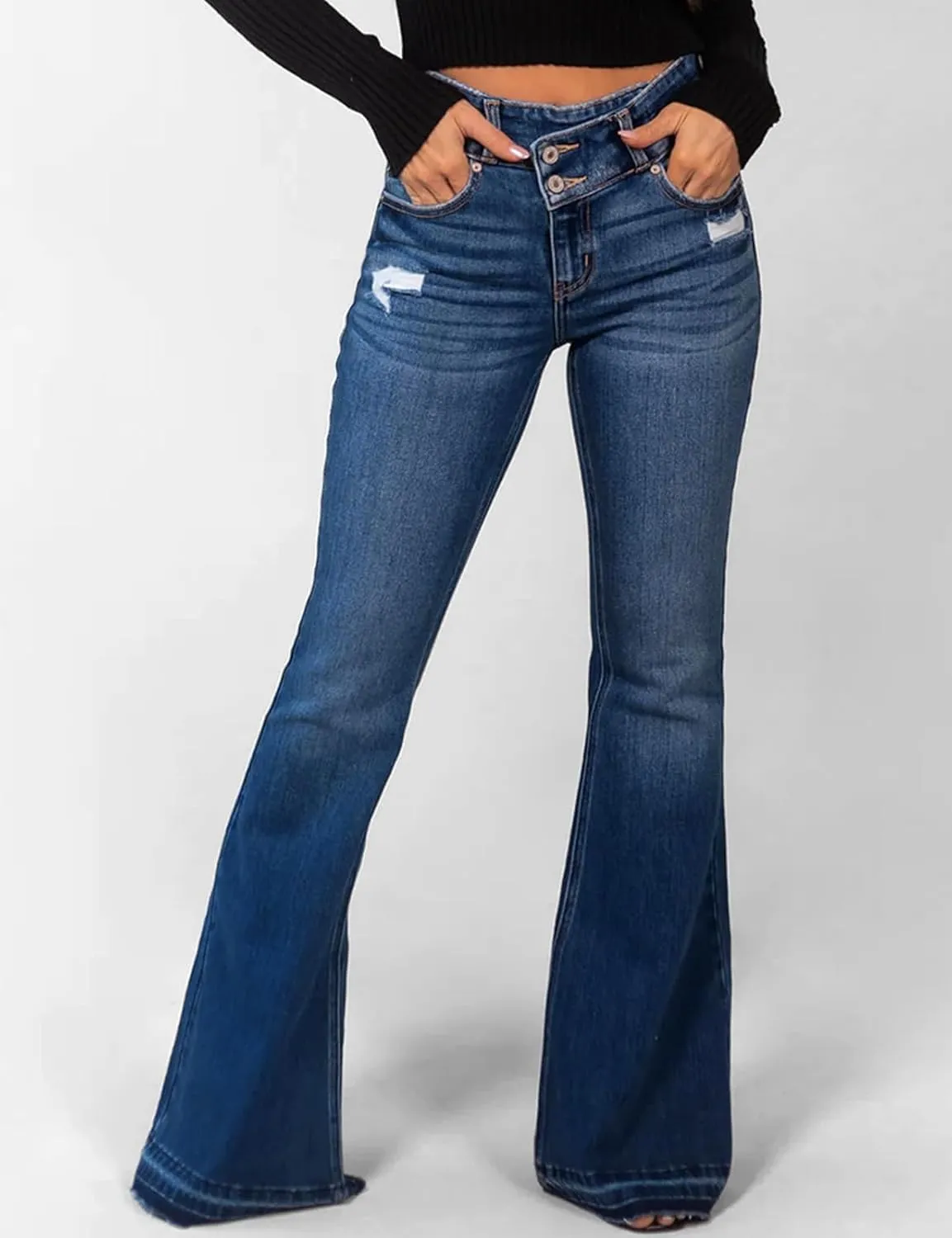 LONGBIDA Skinny Ripped Bell Bottom Jeans for Women High Waisted Stretchy Flare Curvy Denim Pants with Pockets