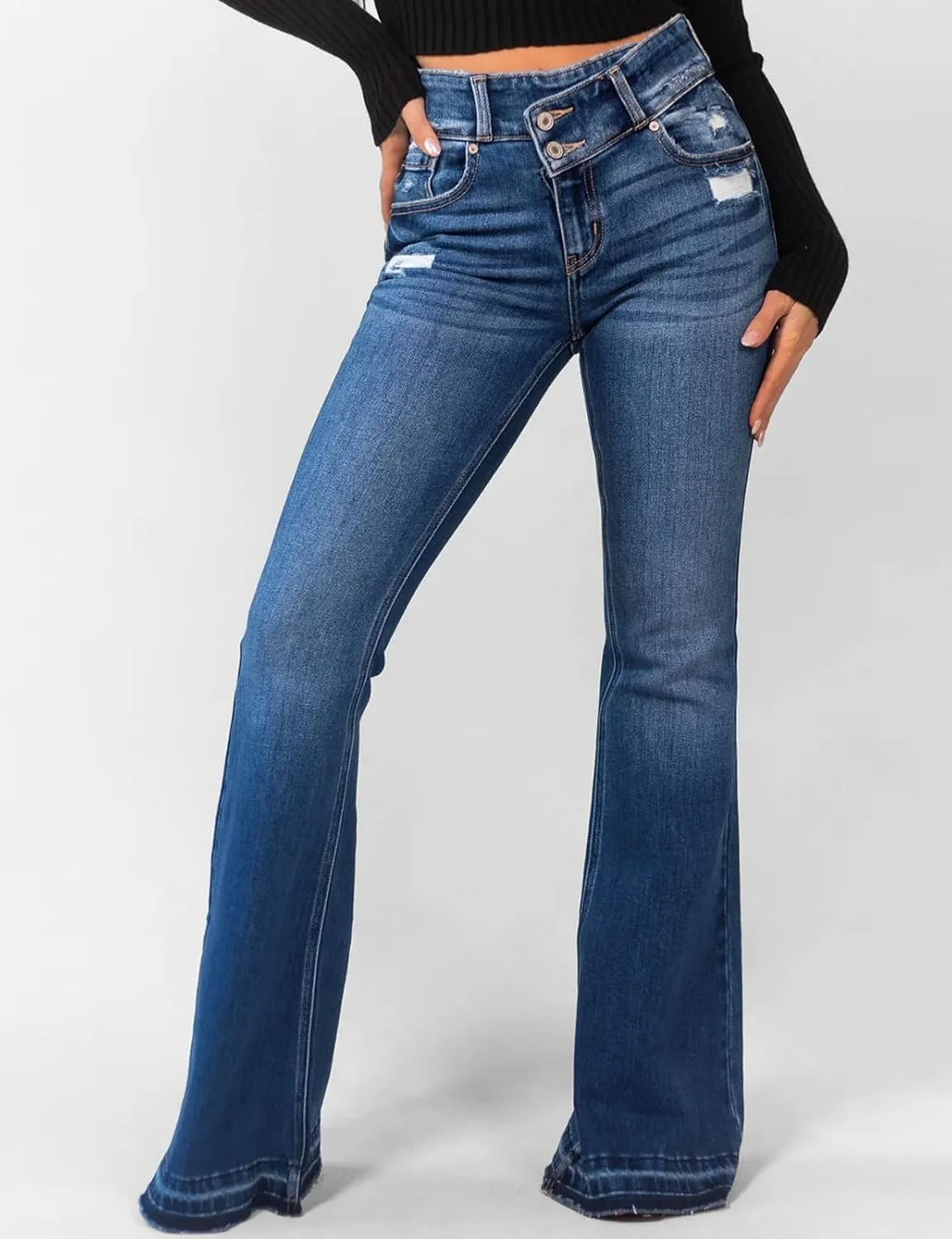 LONGBIDA Skinny Ripped Bell Bottom Jeans for Women High Waisted Stretchy Flare Curvy Denim Pants with Pockets