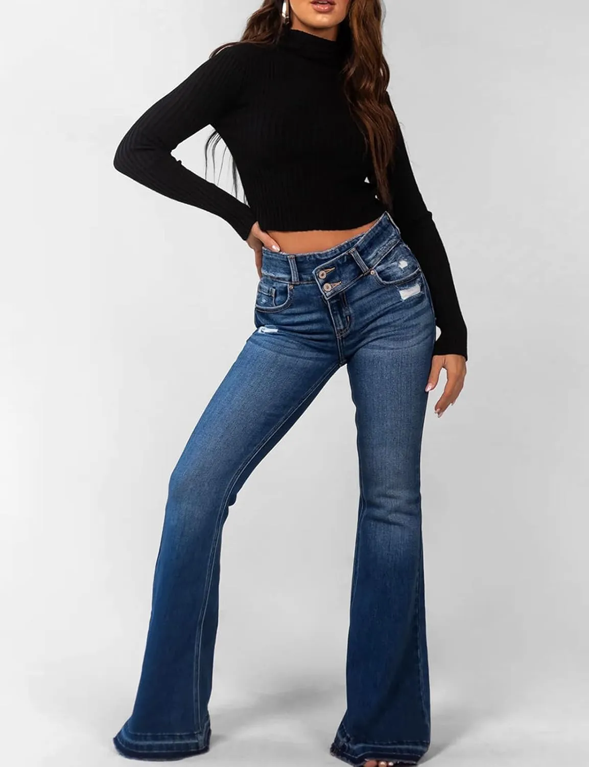LONGBIDA Skinny Ripped Bell Bottom Jeans for Women High Waisted Stretchy Flare Curvy Denim Pants with Pockets