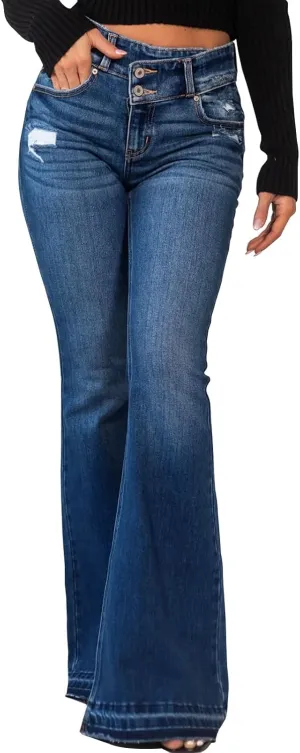 LONGBIDA Skinny Ripped Bell Bottom Jeans for Women High Waisted Stretchy Flare Curvy Denim Pants with Pockets