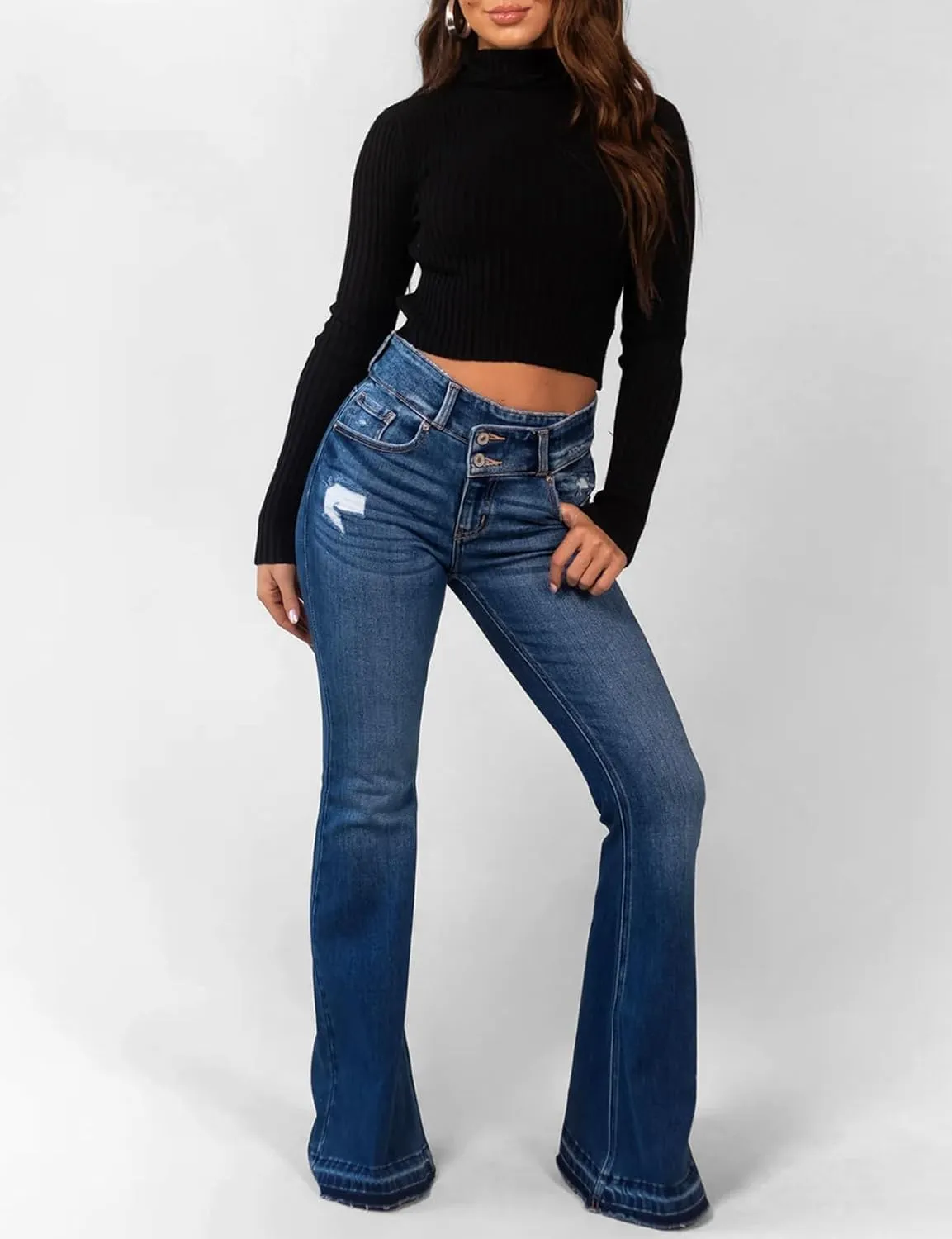 LONGBIDA Skinny Ripped Bell Bottom Jeans for Women High Waisted Stretchy Flare Curvy Denim Pants with Pockets