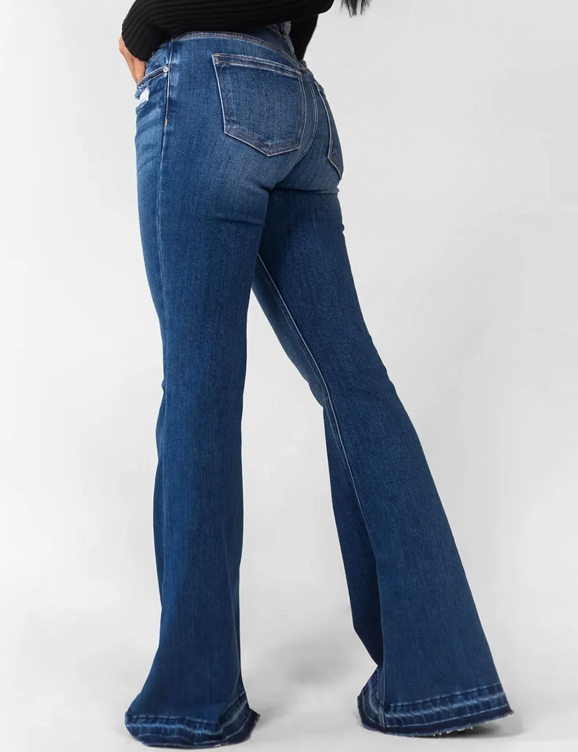 LONGBIDA Skinny Ripped Bell Bottom Jeans for Women High Waisted Stretchy Flare Curvy Denim Pants with Pockets