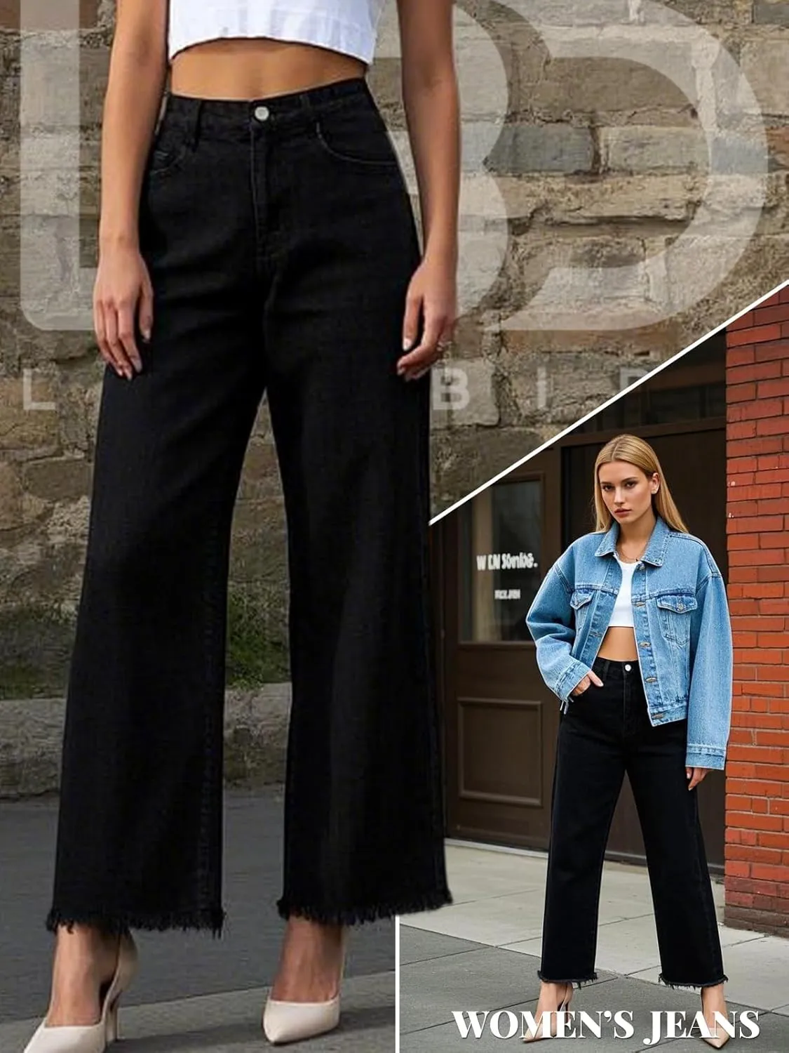 LONGBIDA Women's Boyfriend Straight Leg Jeans High Rise Wide Leg Baggy Stretchy Denim Pants with Raw Hem Frayed Edge
