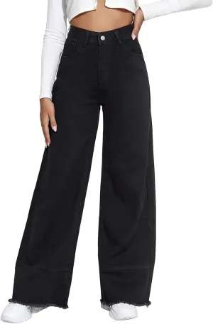 LONGBIDA Women's Boyfriend Straight Leg Jeans High Rise Wide Leg Baggy Stretchy Denim Pants with Raw Hem Frayed Edge