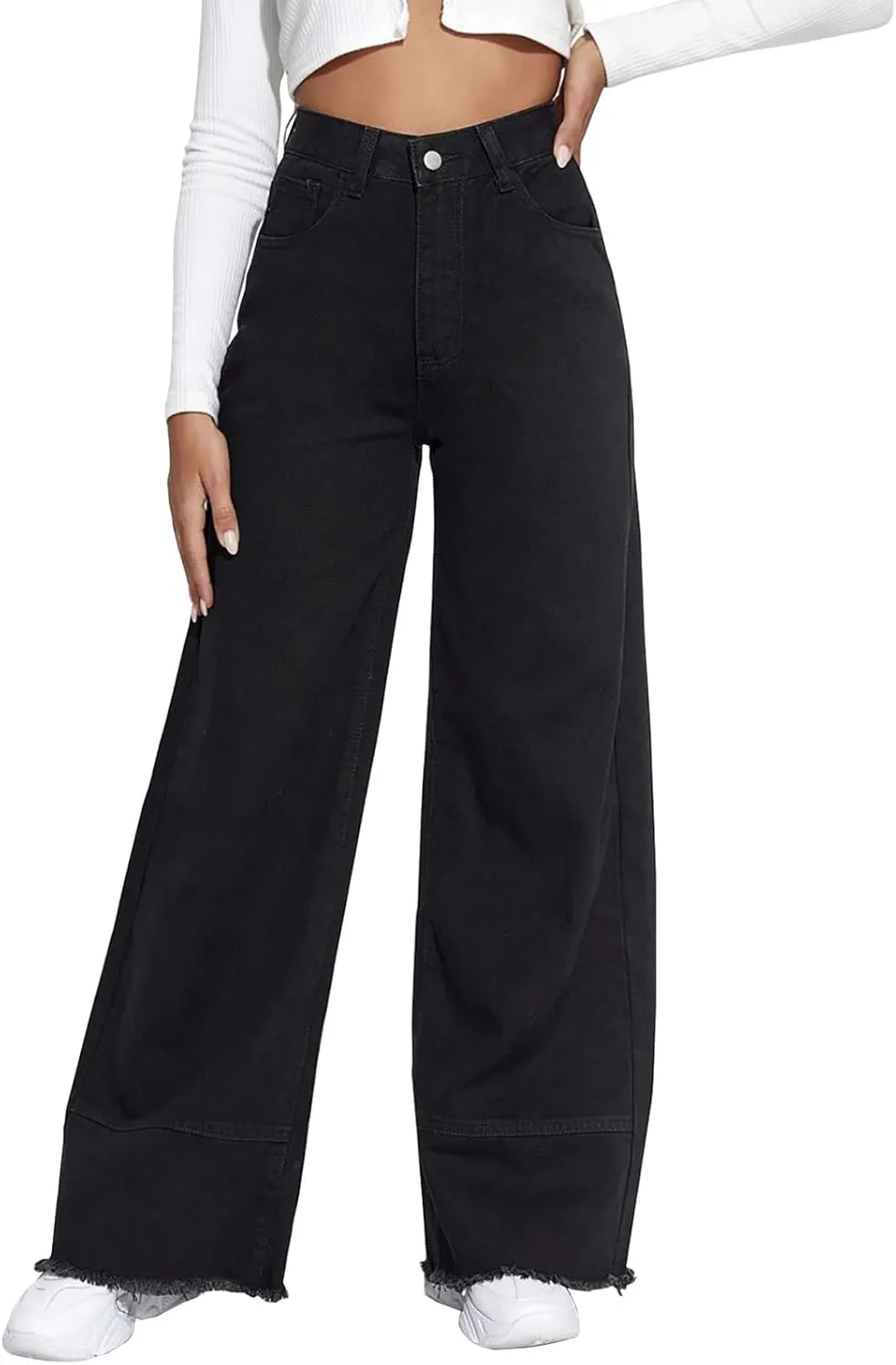 LONGBIDA Women's Boyfriend Straight Leg Jeans High Rise Wide Leg Baggy Stretchy Denim Pants with Raw Hem Frayed Edge