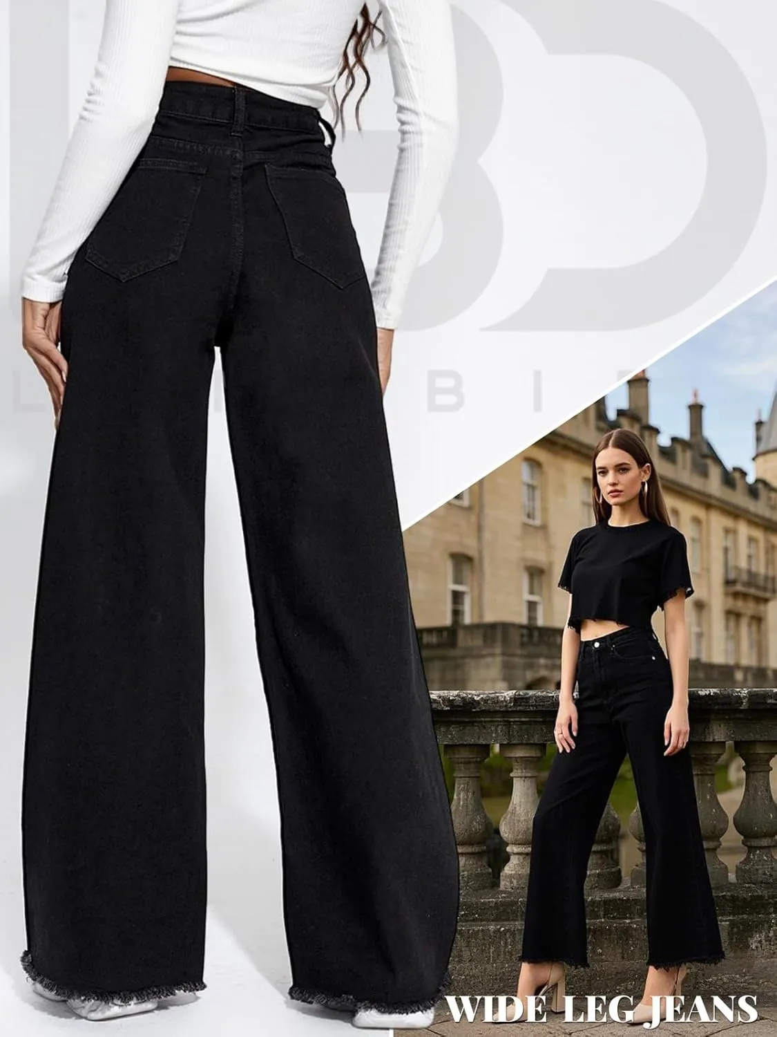 LONGBIDA Women's Boyfriend Straight Leg Jeans High Rise Wide Leg Baggy Stretchy Denim Pants with Raw Hem Frayed Edge
